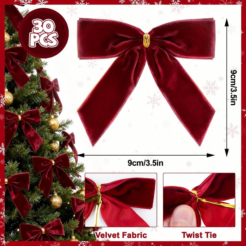 REDWORD 30PCs Burgundy Bows for Christmas Tree, 3.5 x 3.5 Inch Burgundy Velvet Bows Vintage Xmas Velvet Ribbon Bow Holiday Ornaments for Christmas Decoration Holiday Decor, Gift Wrapping and Wedding - Image 2